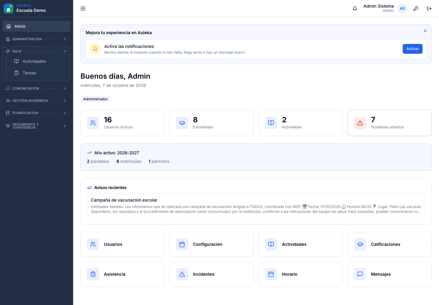 Dashboard de gestión educativa de Auleka